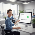 Customer service representative at a computer showing a registration form with a green checkmark