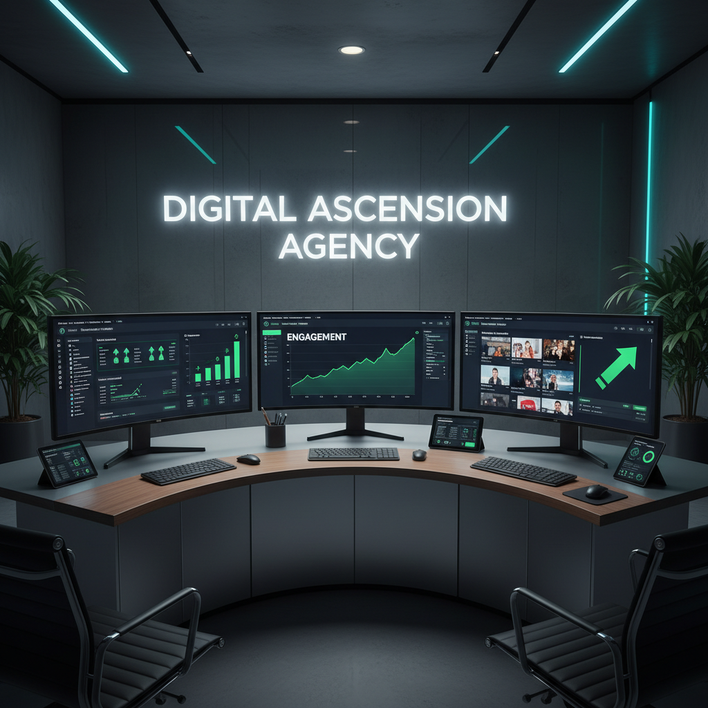 Multiple screens showing social media analytics, email campaign stats, and video performance metrics with green upward trends