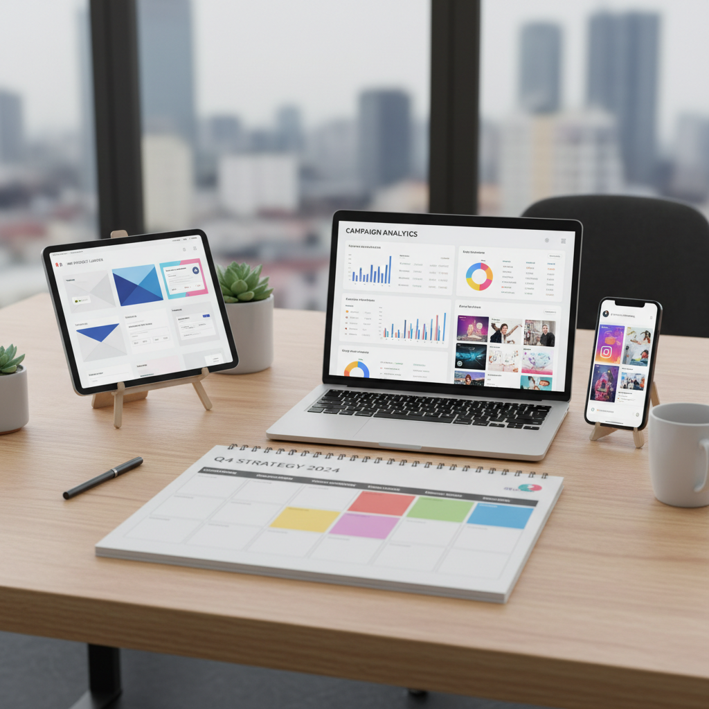 Laptop with ad dashboards, tablet with email templates, smartphone with social media graphics, and printed strategy calendar on a clean desk