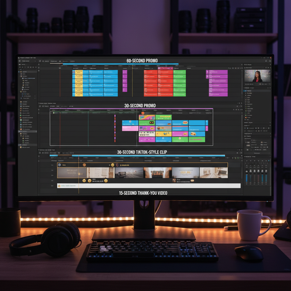 Video editor timeline showing three video projects including a 60-second promo, 30-second TikTok clip, and 15-second thank-you video