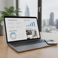 Laptop showing marketing blueprint with ad campaign structure, targeting diagram, and budget chart
