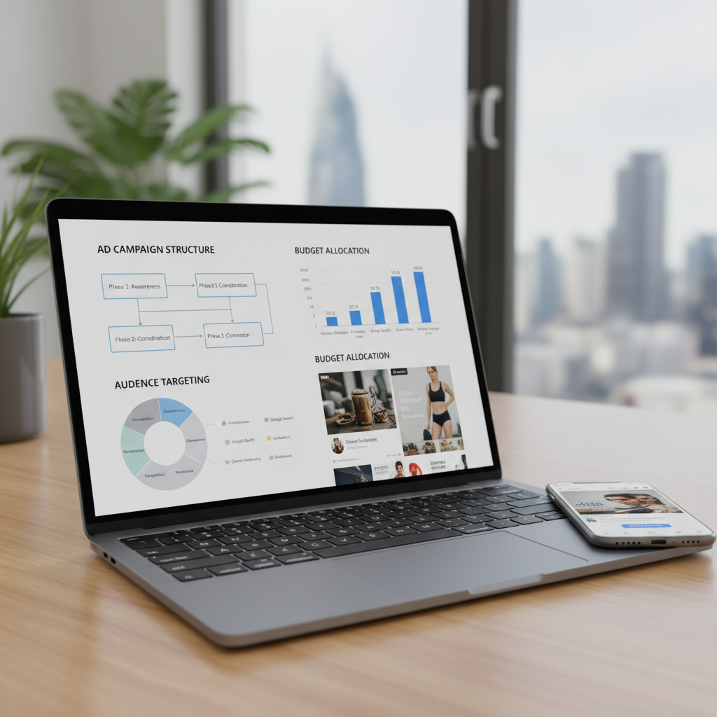 Laptop showing marketing blueprint with ad campaign structure, targeting diagram, and budget chart