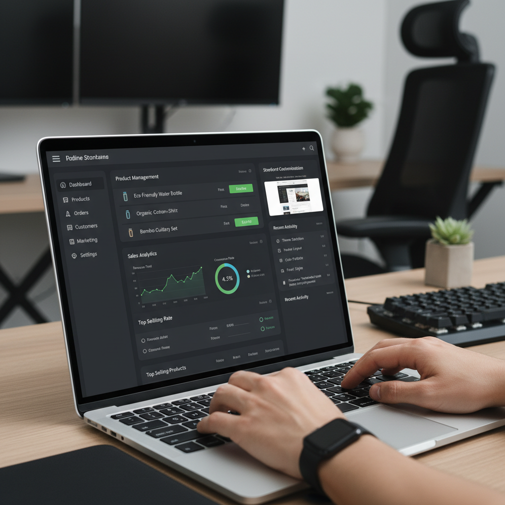 Laptop screen showing online storefront admin panel with product management tools, analytics widgets, and customization options
