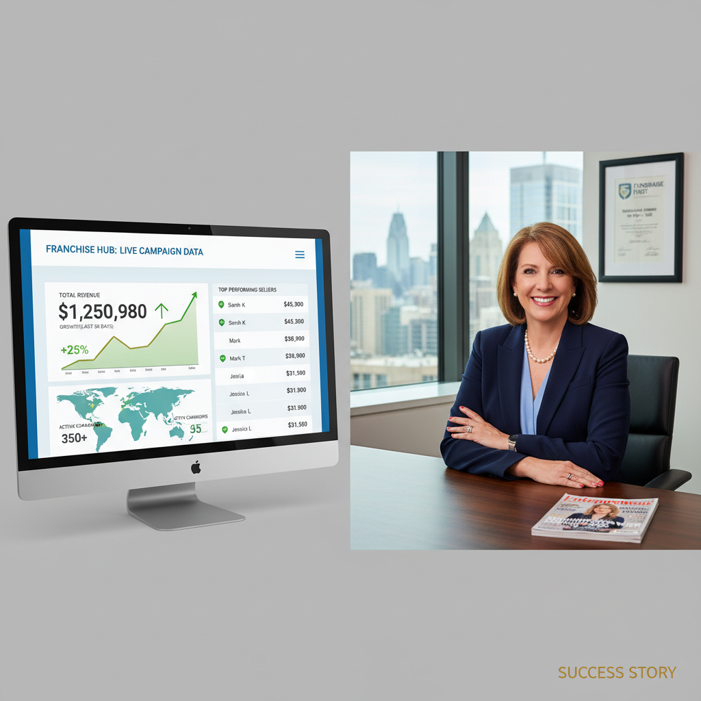 Split screen showing active seller dashboard with growing revenue charts alongside a happy franchise owner in their office