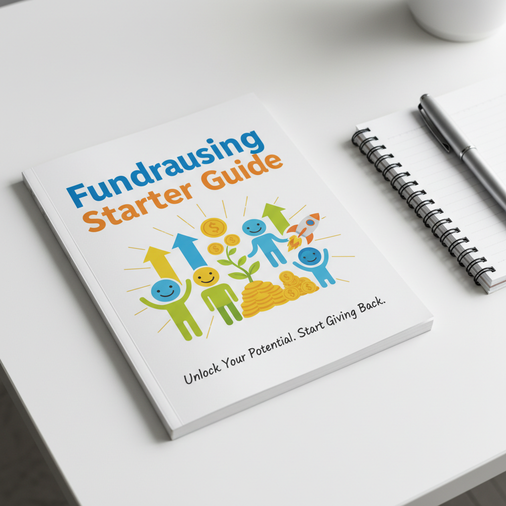 Printed guide cover titled Fundraising Starter Guide with bright motivational graphics on a white desk