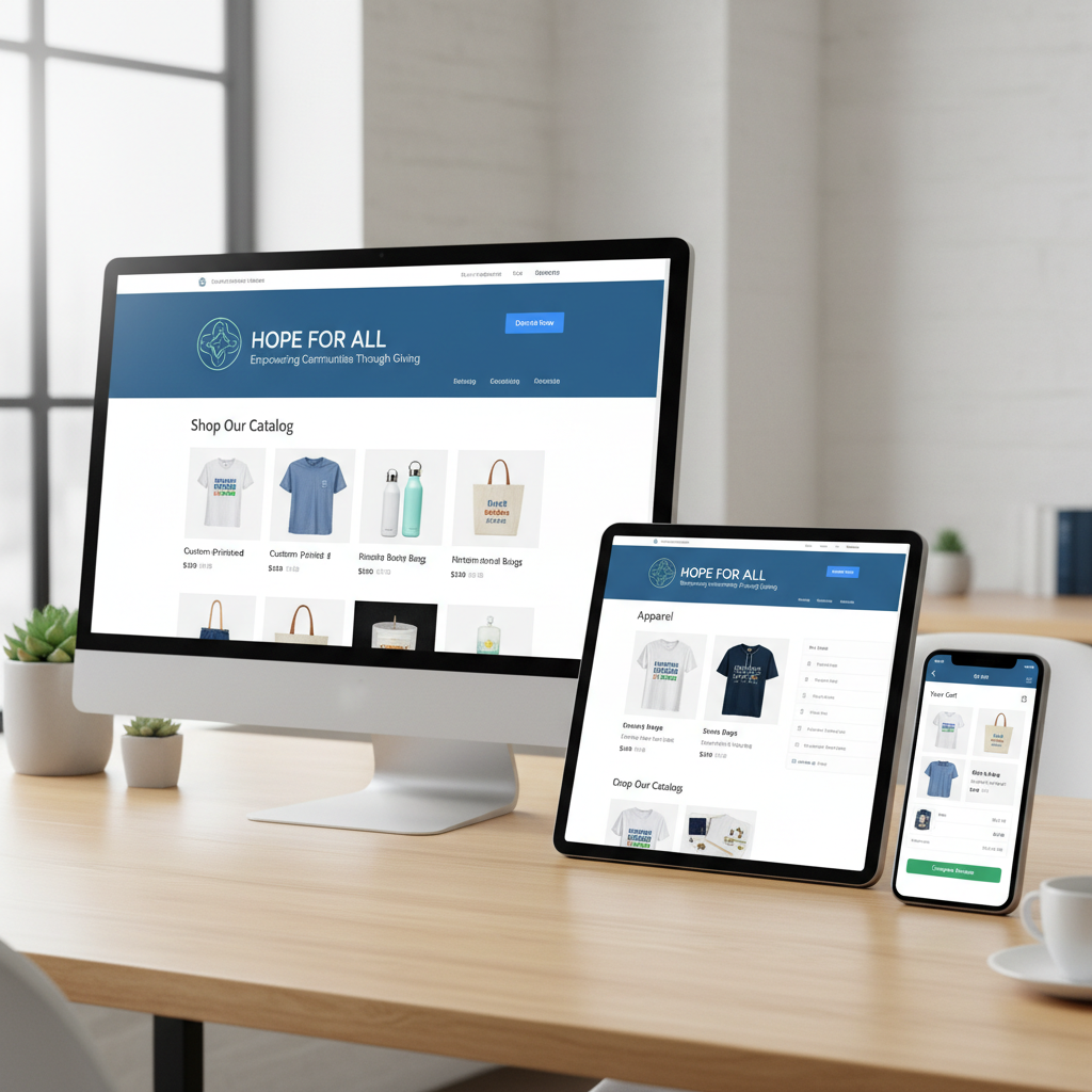 Custom-branded fundraising website on desktop, tablet, and smartphone with full product catalog and seamless shopping experience