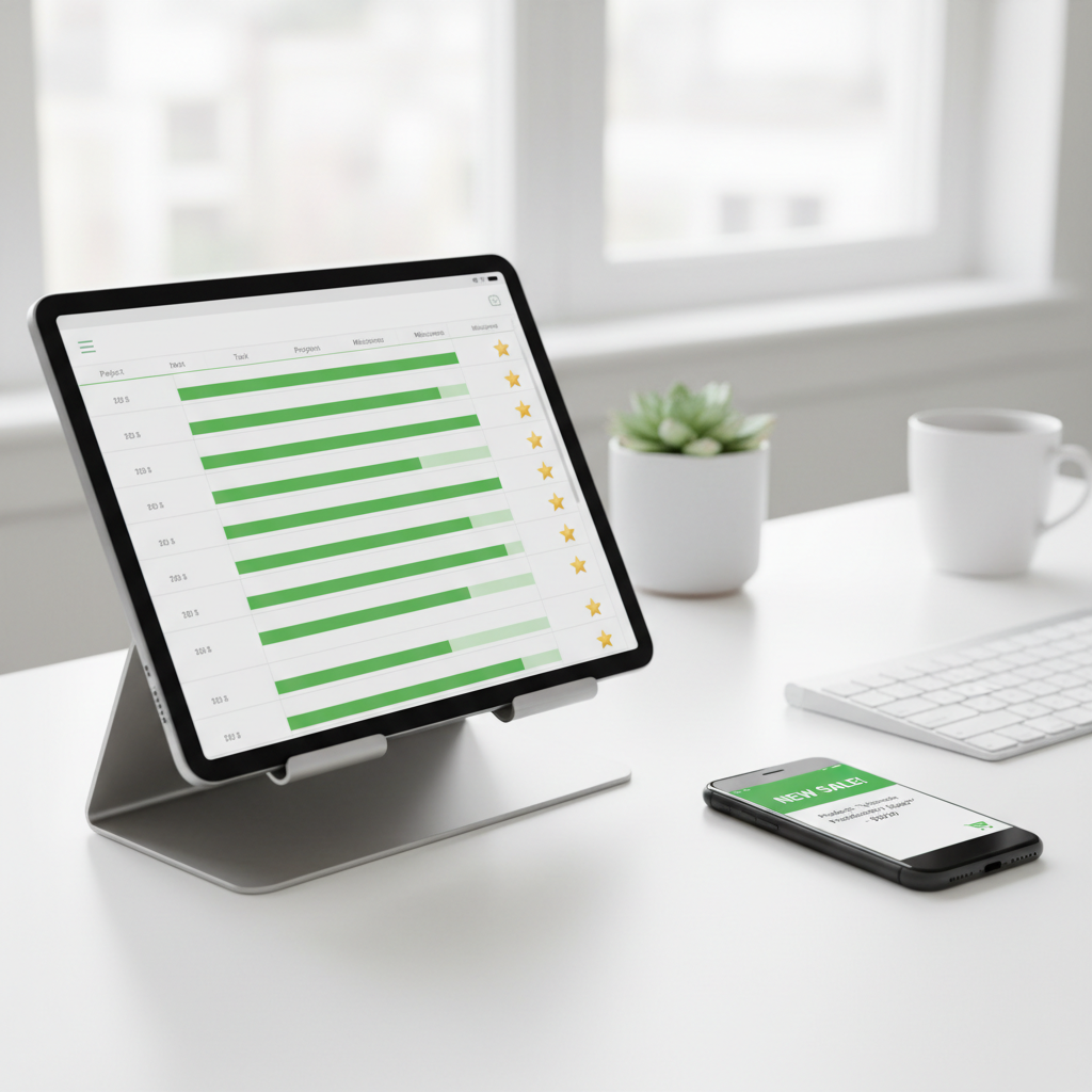 Tablet displaying spreadsheet progress tracker with green progress bars and milestone stars