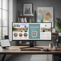 Trifold fundraising brochure design on a large monitor with product photos, pricing, and QR code