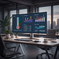 Colorful digital dashboard on a monitor showing fundraising thermometer, sales charts, and leaderboard