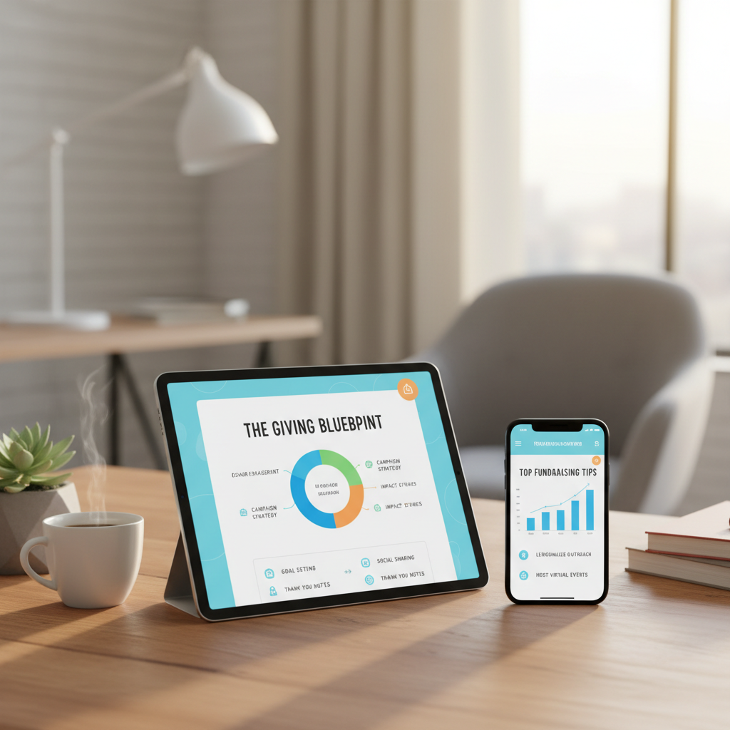 Tablet and smartphone displaying a colorful digital fundraising guide with charts and tips
