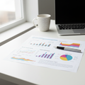 Printed analytics report with colorful charts, graphs, heat maps and revenue insights on a clean white desk