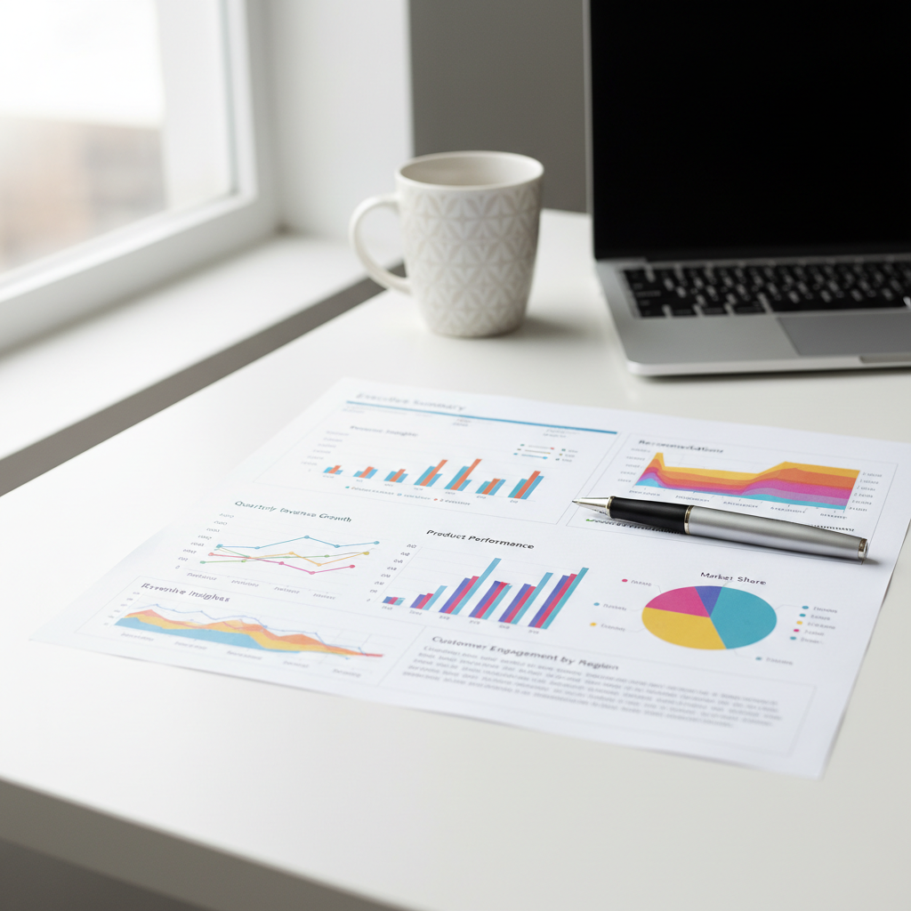 Printed analytics report with colorful charts, graphs, heat maps and revenue insights on a clean white desk