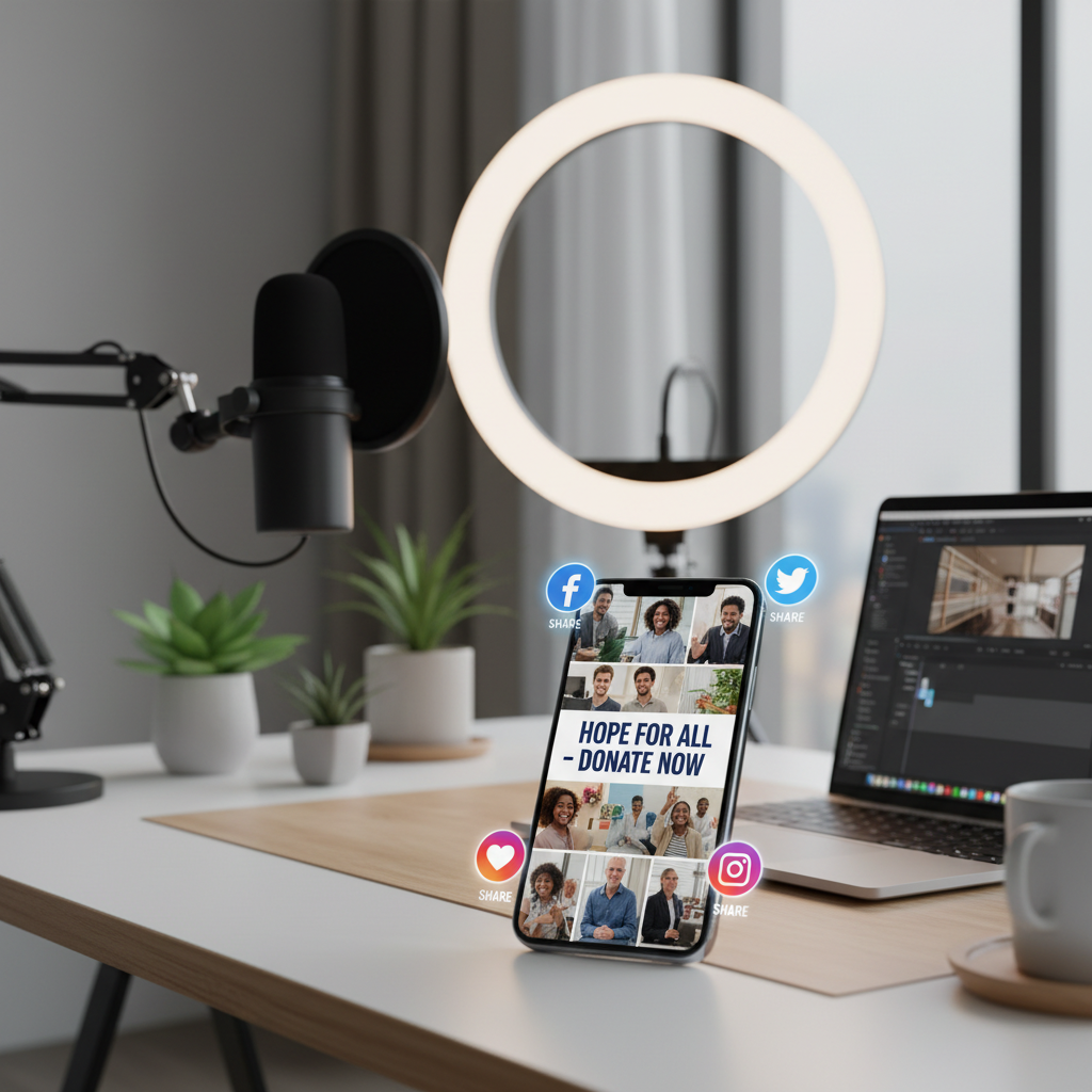 Smartphone displaying a polished fundraising promo video with social media share buttons, ring light and microphone on desk