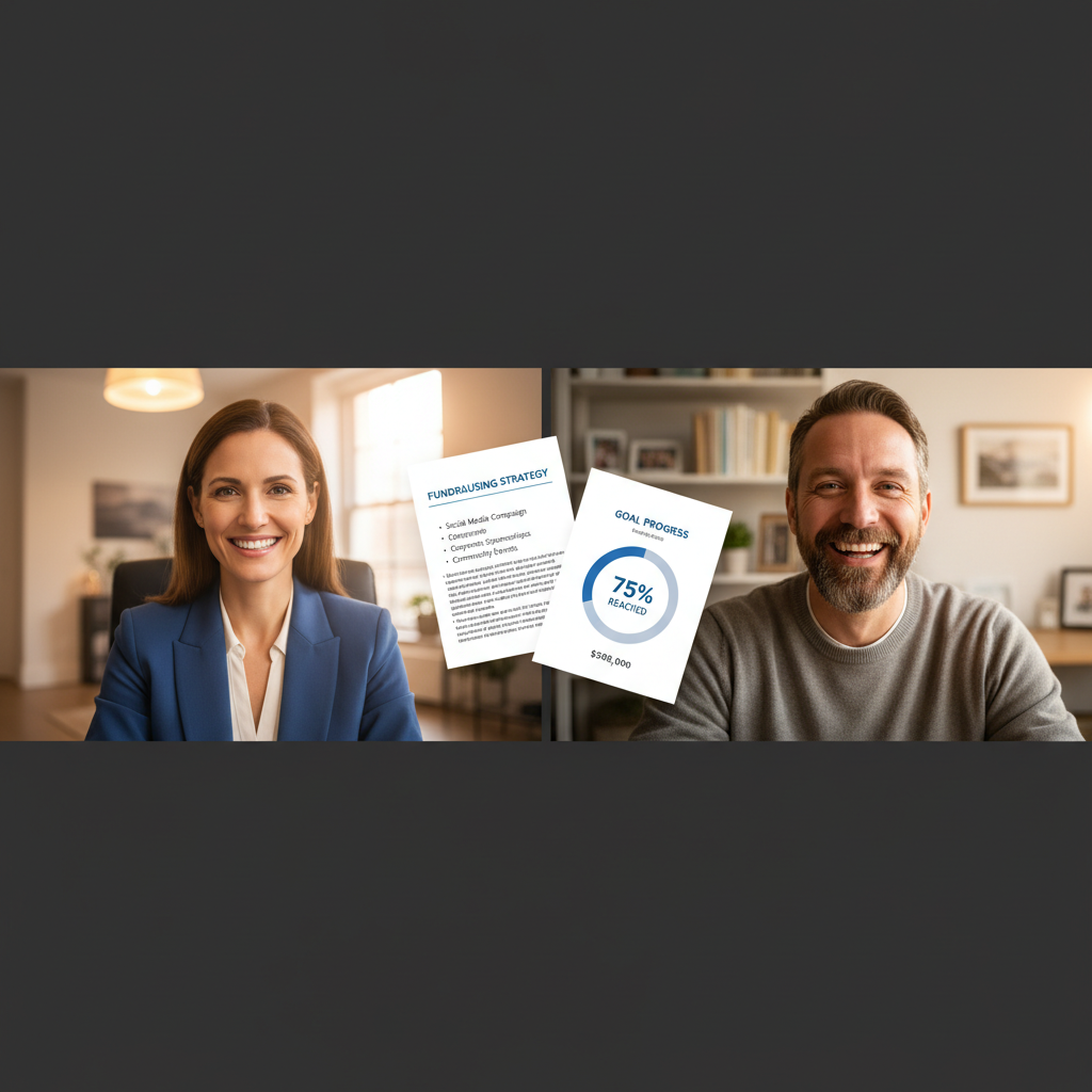 Friendly consultant on a video call with a fundraiser organizer, screen showing strategy document and goal chart