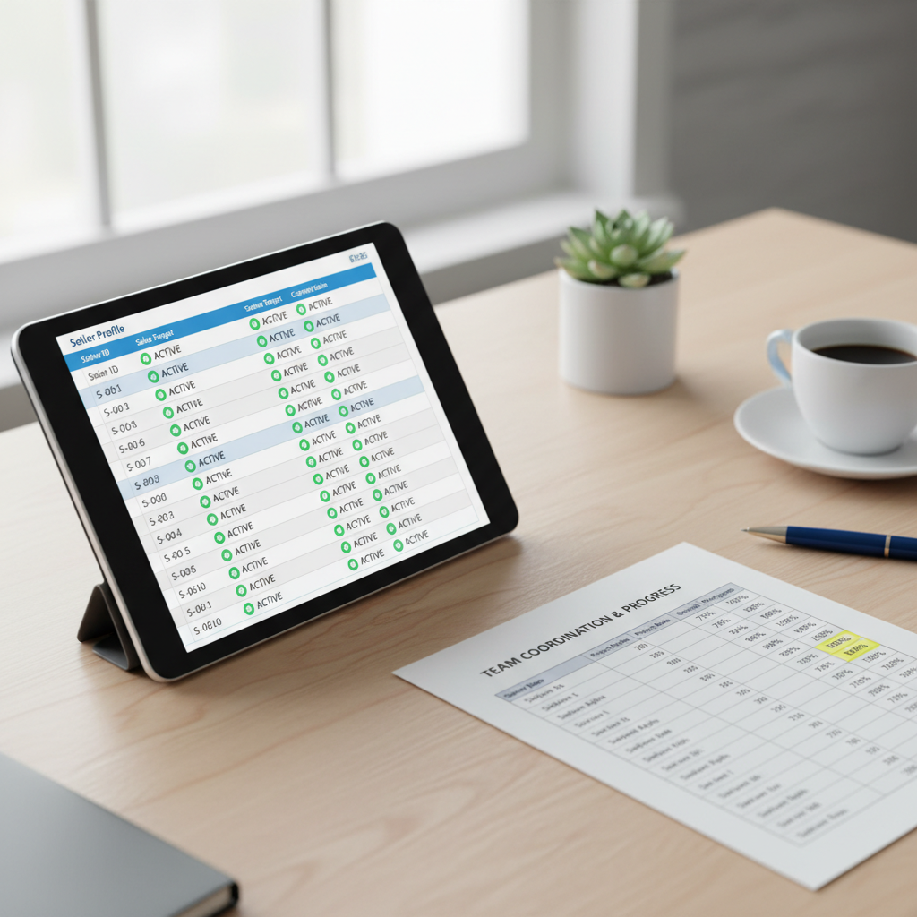 Organized spreadsheet on a tablet showing 10 seller profiles with green status indicators and coordination sheet