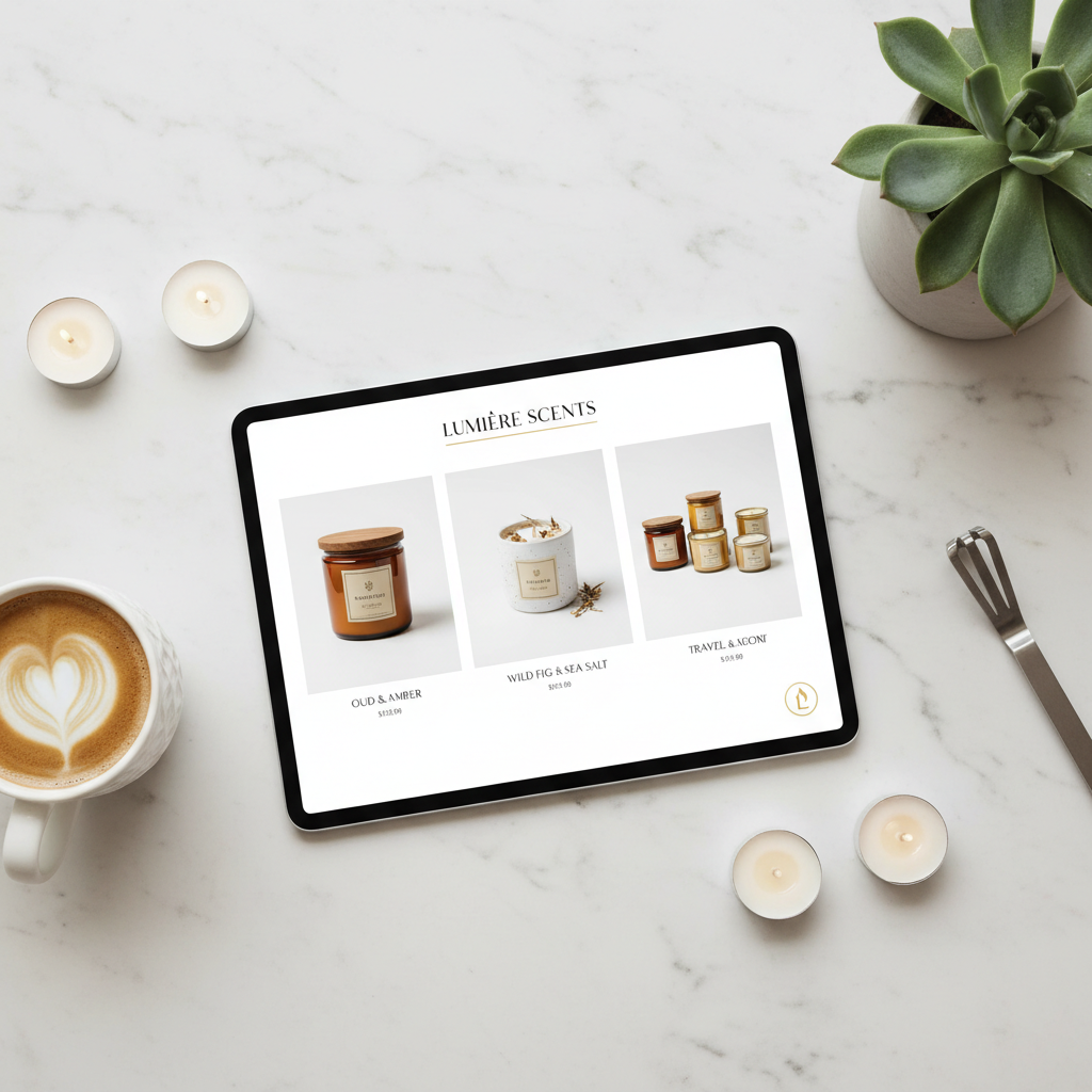 Tablet displaying a digital brochure with candle product imagery and organization branding