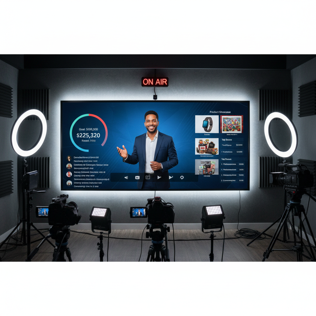 Virtual fundraising event on a large screen with live host, goal tracker overlay, chat messages, product showcase, and real-time leaderboard