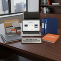 Franchise launch kit on an executive desk with laptop, operations manual, marketing assets, training binder, and seller recruitment guide