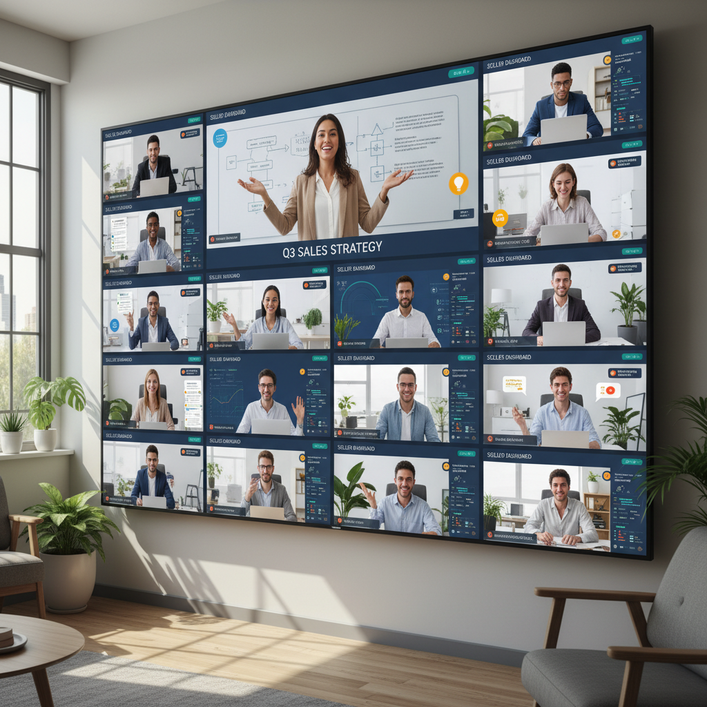 Group training session on a video conference screen with multiple sellers and their dashboards visible