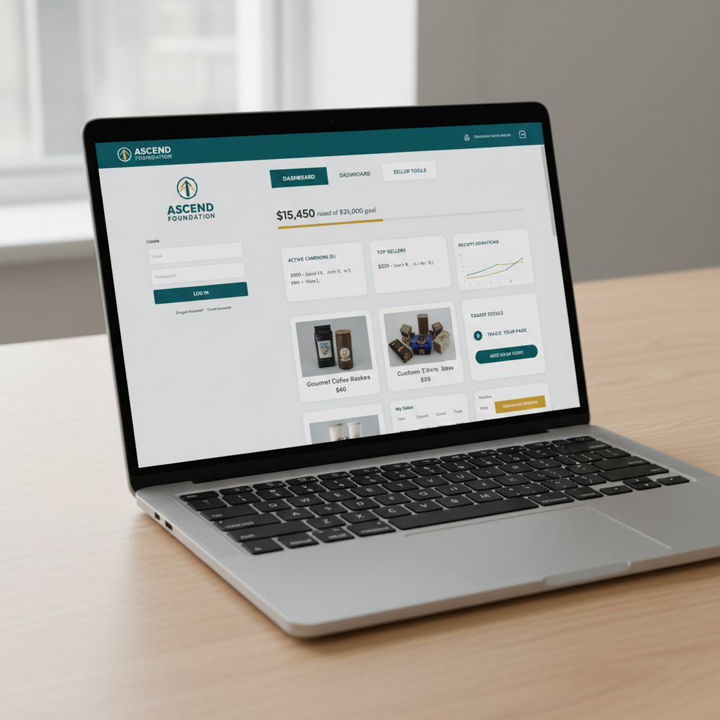 Laptop showing a fully branded fundraising platform with custom logo and colors across login, dashboard, catalog, and seller tools
