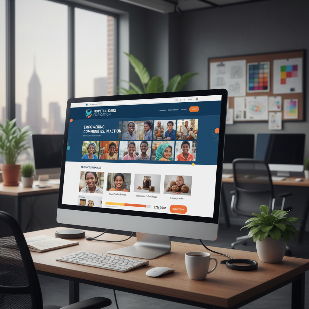 Branded fundraising webpage on a desktop monitor with logo, mission statement, photo gallery, and product showcase