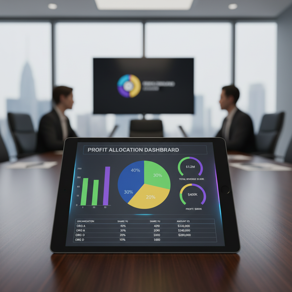 Infographic-style dashboard showing profit-splitting between multiple organizations with color-coded charts on a tablet in a boardroom