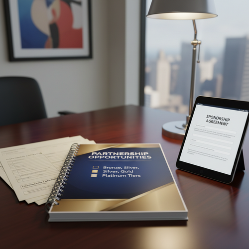 Professional toolkit on a desk with sponsorship proposal showing Bronze Silver Gold Platinum tiers, contact list, and tablet with agreement template