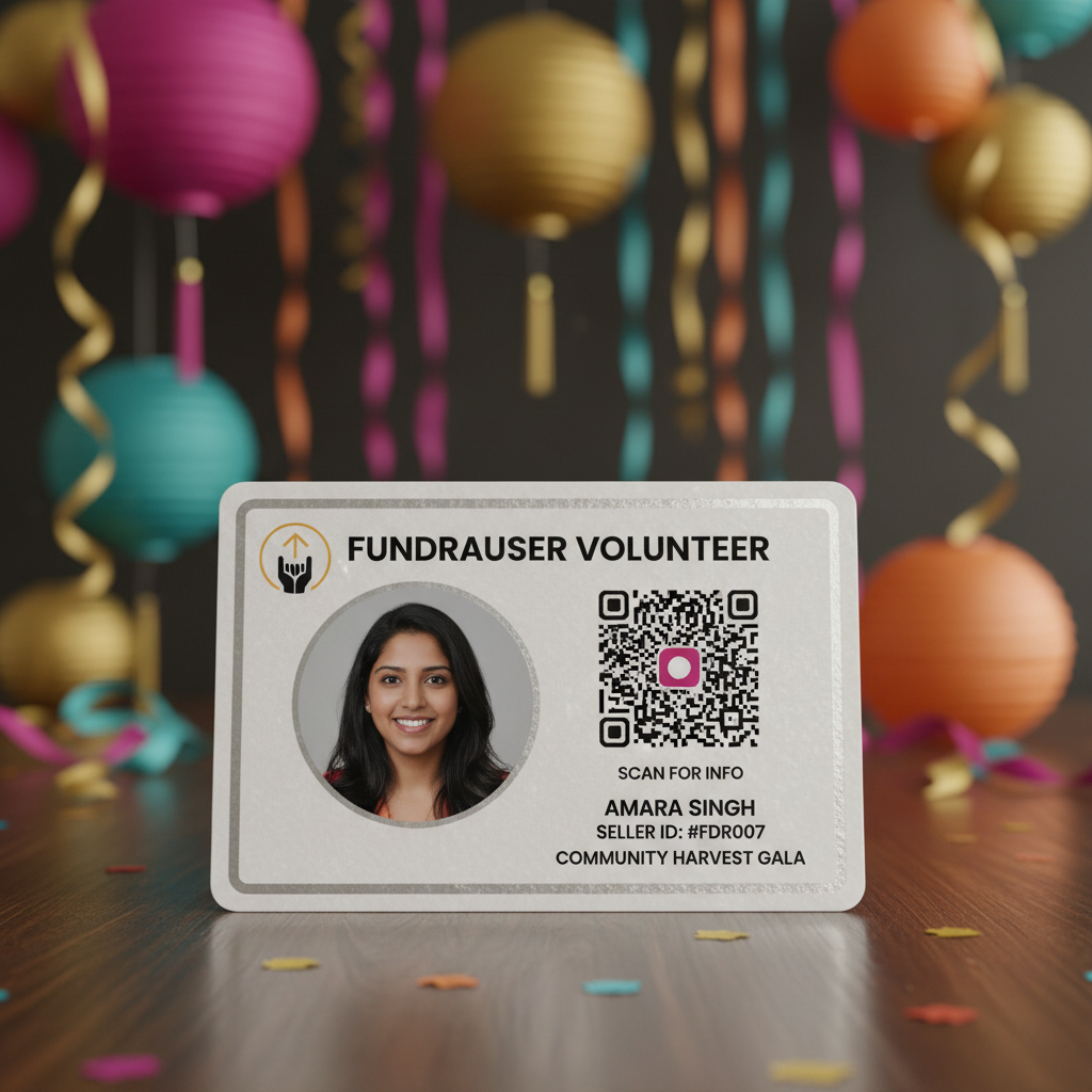 Printed seller ID card with QR code at a fundraising event