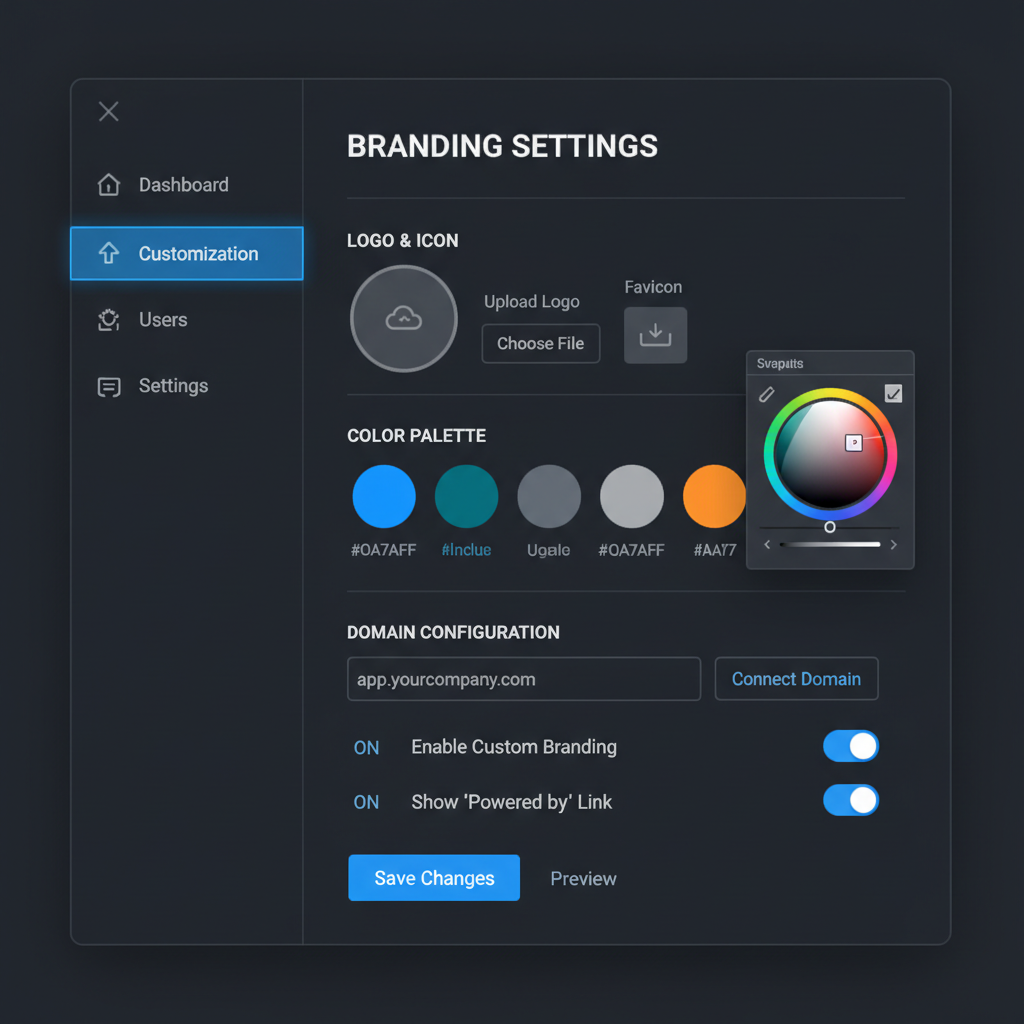 Admin panel showing white-label customization settings with logo upload, color picker, domain configuration, and branding toggles