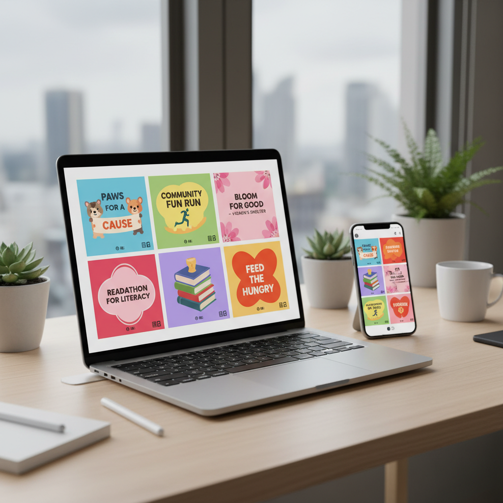 Laptop screen displaying five colorful social media post designs for Instagram and Facebook with fundraiser themes