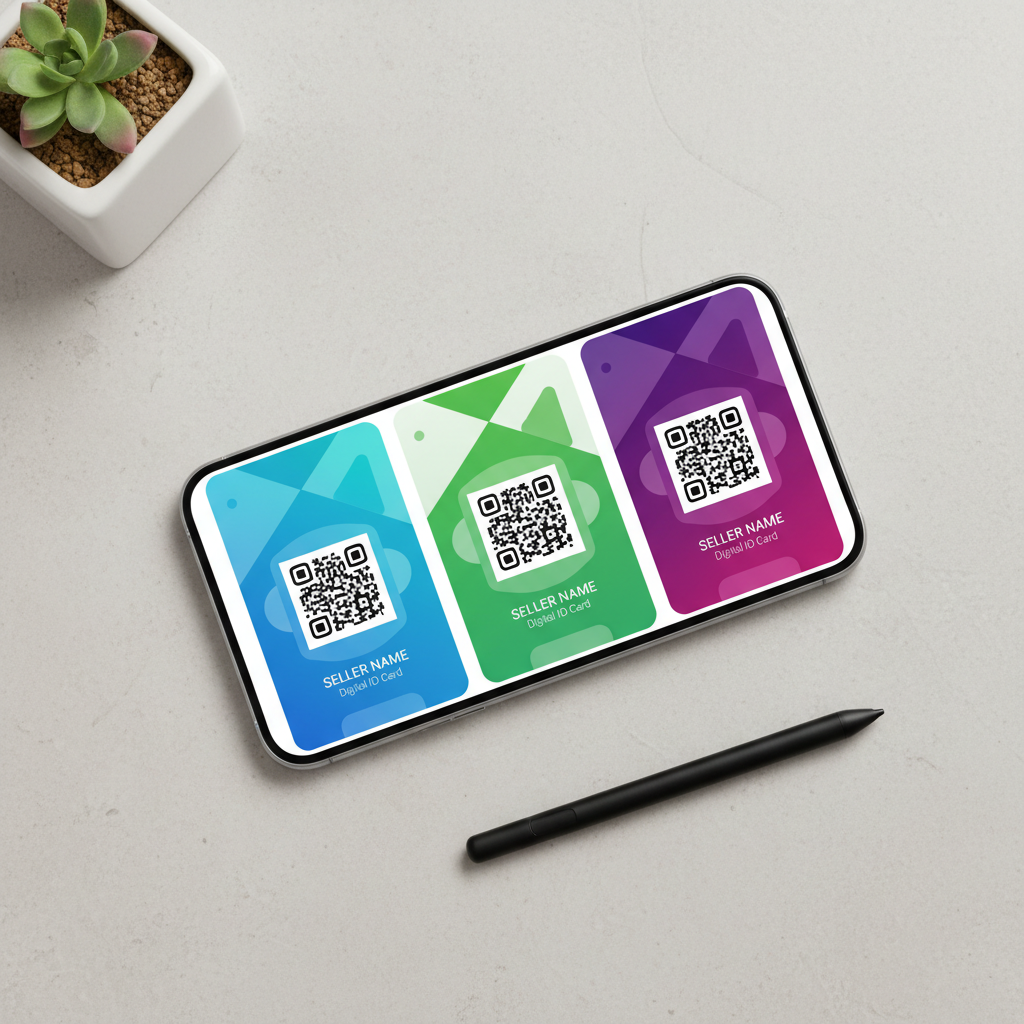 Three digital ID cards on a smartphone screen in blue, green, and purple with QR codes