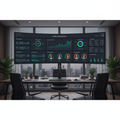 Enterprise dashboard on an ultra-wide monitor showing multiple active fundraiser campaigns with real-time metrics and revenue charts