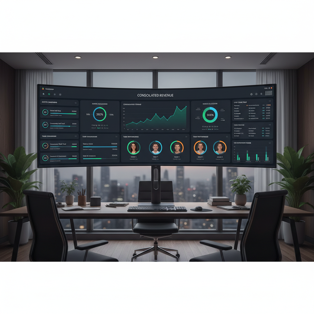 Enterprise dashboard on an ultra-wide monitor showing multiple active fundraiser campaigns with real-time metrics and revenue charts